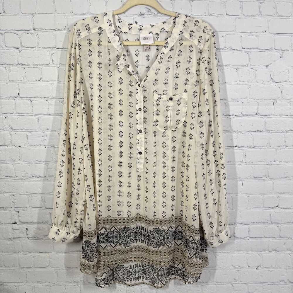 Knox Rose Tunic Women Plus XXL Y Neck Flowy Sheer Bohemian Artsy Blouse Top